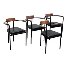 Artelano Post Modern Leather, Steel and Walnut Dining Chairs, Set of Four
