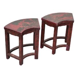Ming Style Red Lacquer Distressed Vintage Tables, a Pair