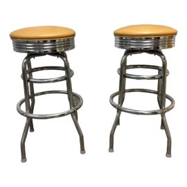 Retro Style Chrome Swivel Bar Stools, a Pair