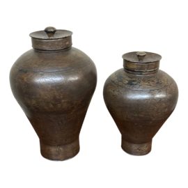 Interlude Home Distressed Metal Lidded Urns, a Pair