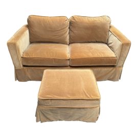 Crate & Barrel Velvet Slipcovered Linen Loveseat + Ottoman