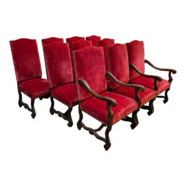 Vintage Louis XIII Style Garnet Velvet Dining Chairs, Set of 10