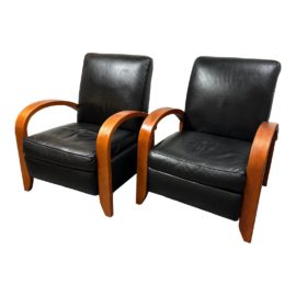 Restoration Hardware Leather + Cherry Wood Recliners, a Pair