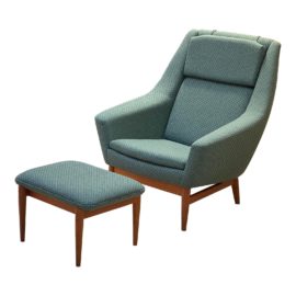1960s Mid 20th Century Modern Teal Green Patterned Lounge Chair and Ottoman