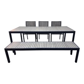 Crate & Barrel Alfresco II Outdoor Dining Table + Three Chairs + One Bench, Set of Five. Original Price: $2,500