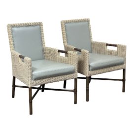 Thomas Pheasant for McGuire Rattan and Leather Wrapped Dining Arm Chairs, a Pair