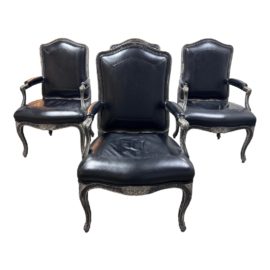 J. Robert Scott Sally Sirkin Louis XVI Black Leather Fauteuil Black Leather Arm Chairs, Set of Four