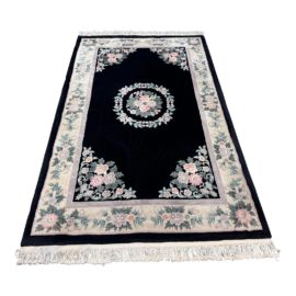 Chinese Black Oriental Area Rug With Botanical Cream Border - 5′9″ × 9′2″