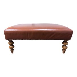 Brown Leather Ottoman + Turned Legs + Nailhead Trim