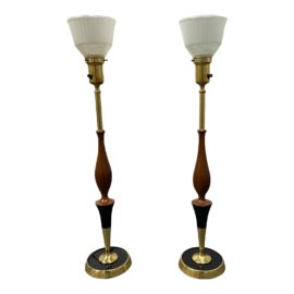 Vintage Uplight Torchiere Table Lamps With Brass, Black and Frosted Glass Shades, a Pair
