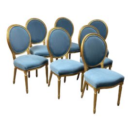 Moss Studio Custom Made Louis XVI Style Gold Frame Side Chairs, Set of Seven. Original Price: $7,000