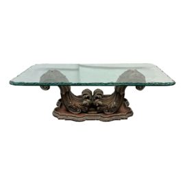 Louis XV Style Carved Acanthus Base + Swirled Edge Glass Coffee Table
