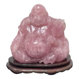 Hand Carved Pink Jade Sitting Buddha + Wood Base
