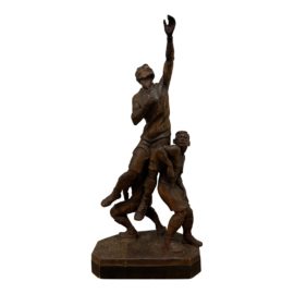 Early 20th Century Carved Wood Figure Sculpture of Three Rugby Players. Original Price: $4,800