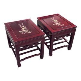 Vintage Rosewood + Mother of Pearl Inlaid Side Tables, a Pair