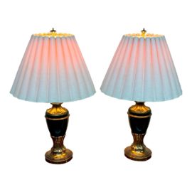 Vintage Green Ceramic + Brass Urn Style Table Lamps, a Pair