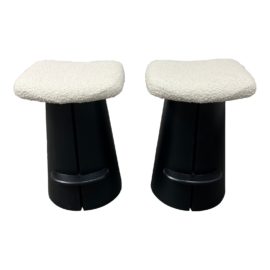 Custom Design Counter Stools in Ebonized Wood With Boucle Seats. Original Price: $3,100