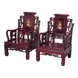 Vintage Rosewood + Mother of Pearl Inlaid Armchairs, a Pair