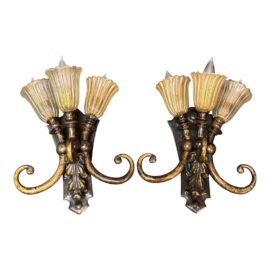 Lightspann Lighting Custom Antiqued Brass + Gold Flecked Glass Shade Wall Sconces, a Pair