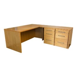 Maple Finish L-Shape Office Desk + Two Mobile Locking Drawers