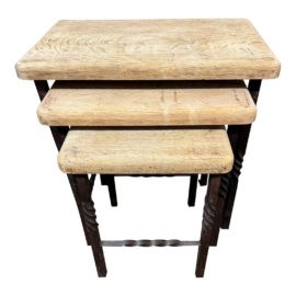 Schwung Home Antique Butcher Block With Wrought Iron Nesting Tables, Set of Three. Original Price: $1,400