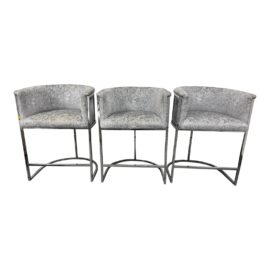 Vanguard Counter Stools in Burnished Silver Velvet, Set of Three. Original Price: $5,400