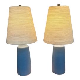 Vintage Robins Blue Finish Ceramic Table Lamps, a Pair