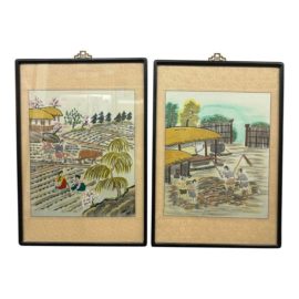 Vintage Hand Embroidered Silk Farm Scene, Professionally Framed, a Pair