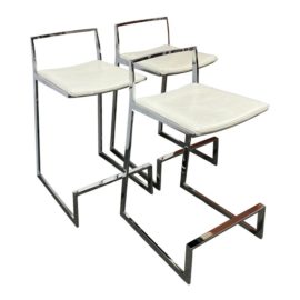 Vintage Chrome White Leather Counter Stools, Set of Three. Original Price $726