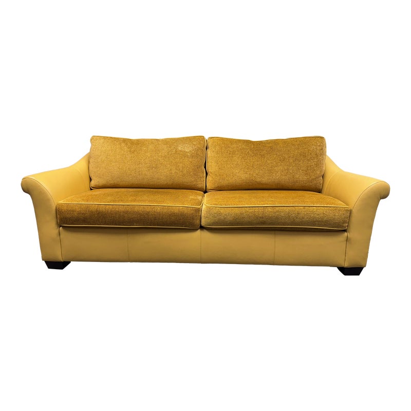 Bernhardt Furntiure Marino Saffron Leather + Fabric Sofa. Original