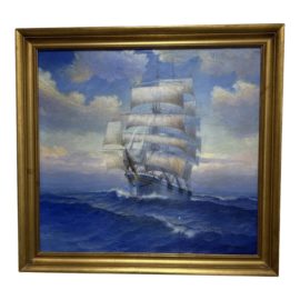 Near Antique Oil Painting of Full Masted Ship in High Seas, Signed + Dated 1936