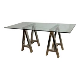 William Sonoma Home Mason Glass + Polished Nickel Trestle Table. Original Price: $1,600