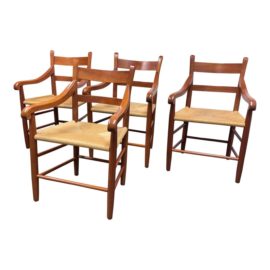 Mid 20th Century Charles Webb Cherry + Rush Seat Arm Chairs, Set of Four