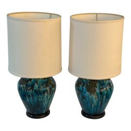 Vintage Turquoise Drip Glaze Table Lamps, a Pair