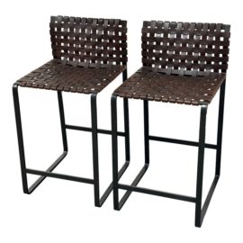 Mark Elbricht for Holly Hunt Brown Woven Leather Counter Stools, a Pair. Original Price: $6,300