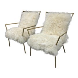 Mitchell Gold + Bob Williams Ansel Brass Lounge Chairs + Tibetan Fur, a Pair. Original Price: $3,800