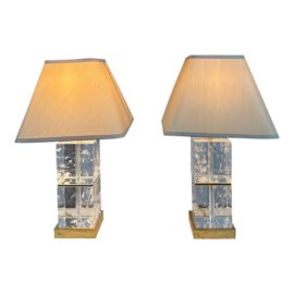Bloomingdales Ice Cube Blocks With Brass Frame Table Lamps, a Pair. Original Price: $2,500