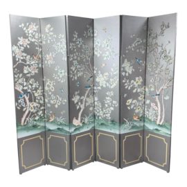 Chinoiserie Gracie Style Hand-Painted Silver Leaf Six Panel Screen Divider