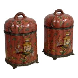Winward Red Ceramic + Brass Decorative Lidded Boxes, a Pair