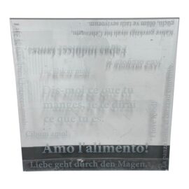 NEW DWM Maloos Custom Made Etched Glass With Languages Square Table Top. Original Price: $3,200