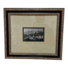 Custom Framed Museum Glass View of Dinan by Skelton Etching, Within Silk + Linen Matte