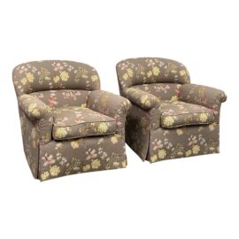 Kroll Furniture Brown Floral Lounge Chairs, a Pair