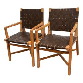 Winardi Thamrin for Crate & Barrel Taj Leather Strap Arm Chairs, a Pair. Original Price: $1,100