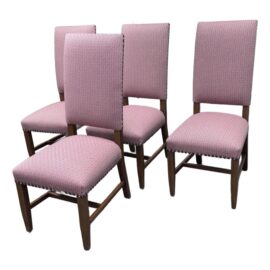 Loggia Showroom Custom Design Red Diamond Patterned + Nailhead Dining Chairs, Set of Four. Original Price: $3,200