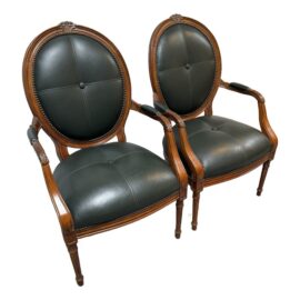 Century Furniture Tufted Green Leather Arm Chairs, a Pair