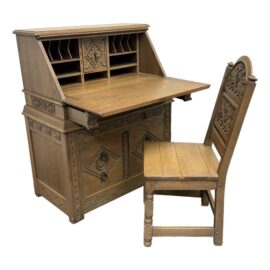 1970's Carved Wood Secretary Desk + Chair