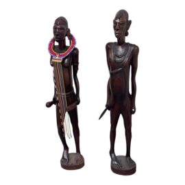 African Hand Carved Wood Tribe Sculptures, Man & Woman Set