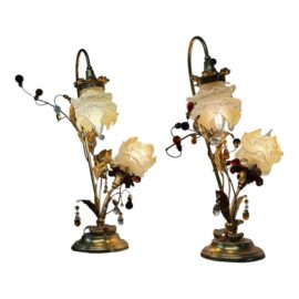 Vintage Art Nouveau Style Brass Blooming Flower Table Lamps, a Pair