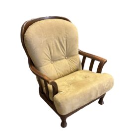 Mid 20th Century French Wood + Suede Armchair