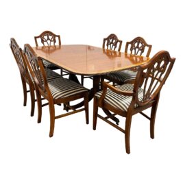Georgian Style Mahogany Double Pedestal Banded Extension Dining Table + Six Mahogany Dining Chairs, Set
